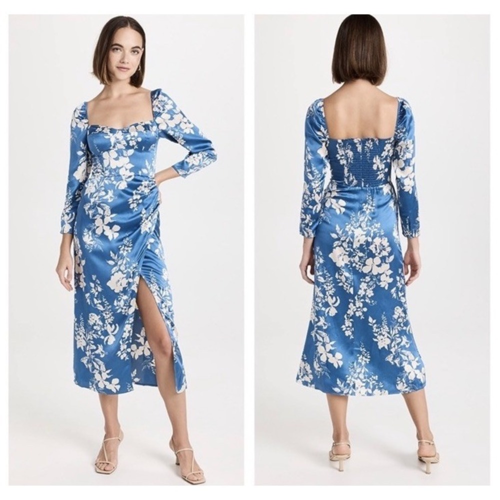 Reformation Gloriana Blue‎ Floral Silk Cyanotype Midi Dress 10 Excellent